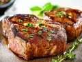 Due succulenti filetti di manzo grigliati, guarniti con erbe aromatiche e chicchi di pepe, pronti per essere gustati.