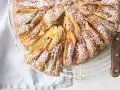 Deliziosa torta di mele in friggitrice ad aria, cosparsa di zucchero a velo, con una fetta tagliata che mostra la morbidezza dell'interno.