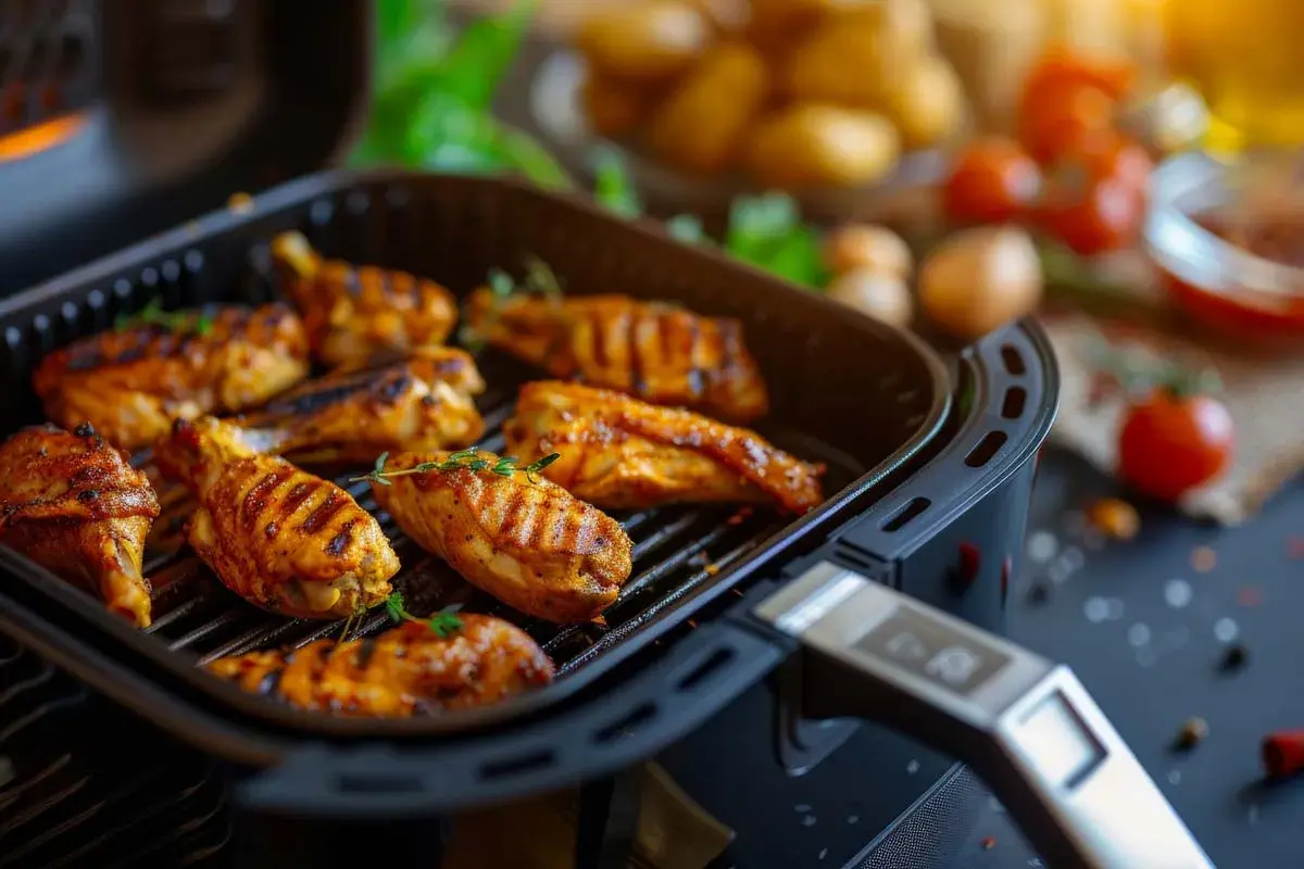 Ali succulente ali di pollo grigliate nella friggitrice ad aria, perfette per le tue ricette friggitrice ad aria.