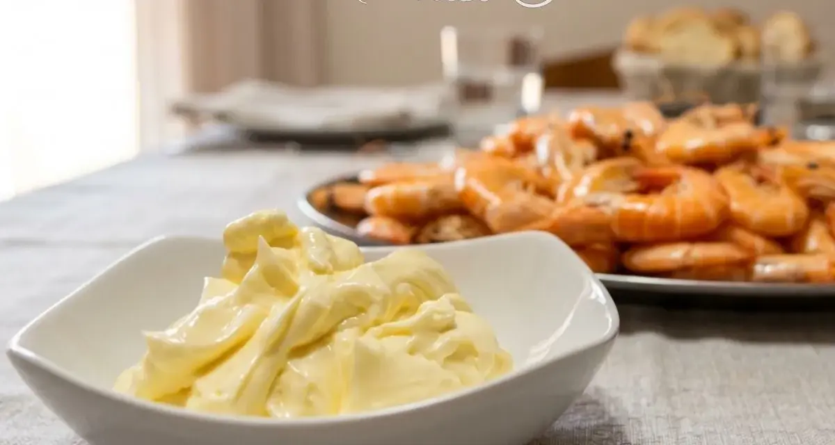 Una ciotola di maionese fatta in casa, cremosa e invitante, pronta per accompagnare un piatto di gamberi succulenti.