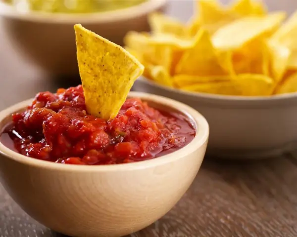 Una tortilla croccante affonda in una ciotola di fresca salsa messicana per tortillas, con altre tortillas sullo sfondo.