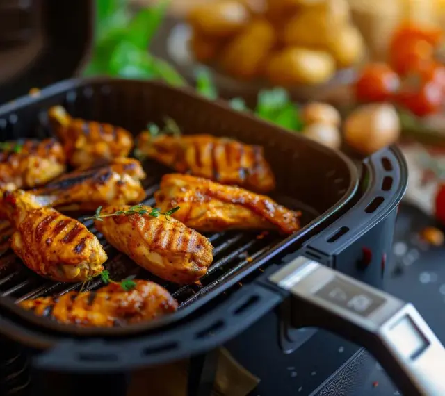 Ali succulente ali di pollo grigliate nella friggitrice ad aria, perfette per le tue ricette friggitrice ad aria.