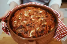 Un invitante pasta al forno ricetta della nonna, appena sfornata in una terracotta, con crosticina dorata e ripieno filante.