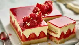 Deliziosa torta di fragole con strati di crema, fragole fresche e gelatina rossa, guarnita con frutti di bosco e foglia d'oro.