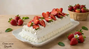 Delizioso rotolo panna e fragole, ricoperto di panna montata e fragole fresche, con fragole in un cestino sullo sfondo.