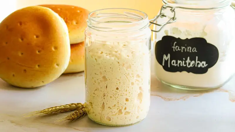 Lievito madre come si fa: un barattolo pieno di pasta madre attiva, accanto a panini dorati e farina Manitoba.