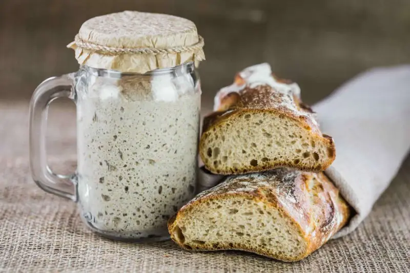 Un barattolo di rinfresco lievito madre accanto a fette di pane rustico.