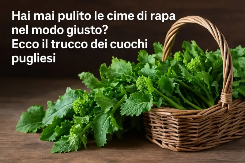 Cime di rapa fresche in un cesto di vimini, pronte per gustose ricette pugliesi.