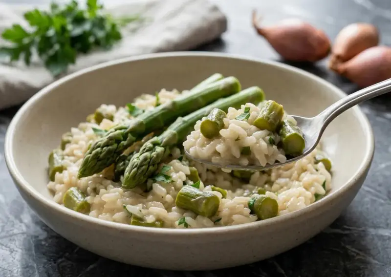 Un cremoso risotto con asparagi freschi, guarnito con prezzemolo tritato. Una forchettata mostra la consistenza perfetta.